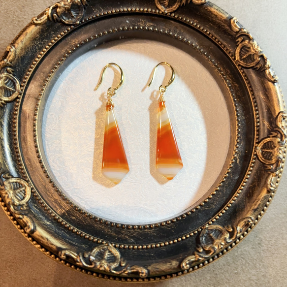 1点物！！地球が生み出した芸術アゲート瑪瑙バンデットアゲート〜オレンジ希少模様のピアス14kgf イヤリング　 3枚目の画像