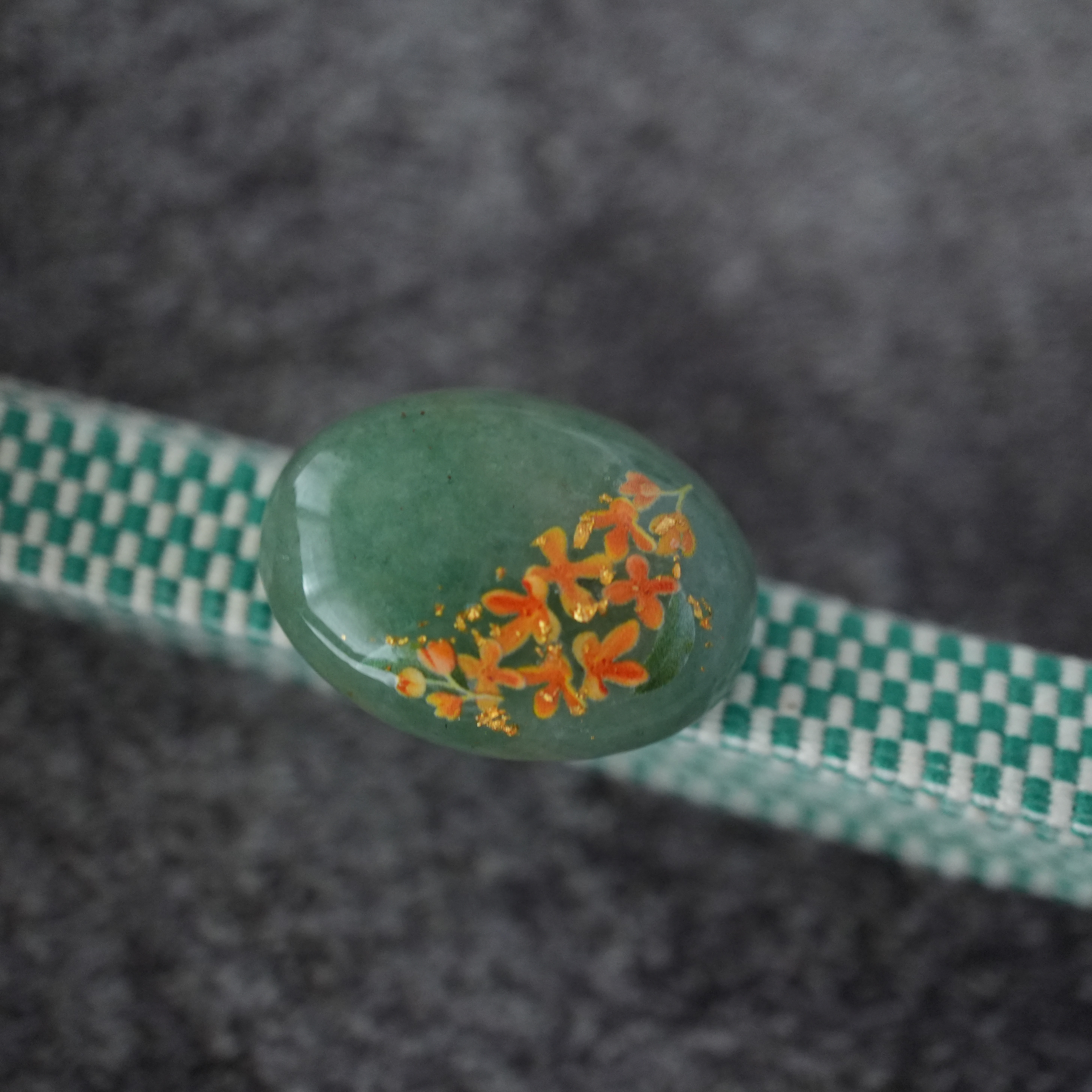 市松柄 三分紐セット　天然石グリーンアベンチュリンと金木犀、金箔の帯留め 切りっぱなしCreema限定新春福袋〈梅〉