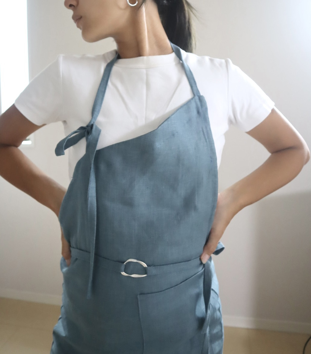 Linen100% apron （スモーキーブルー）