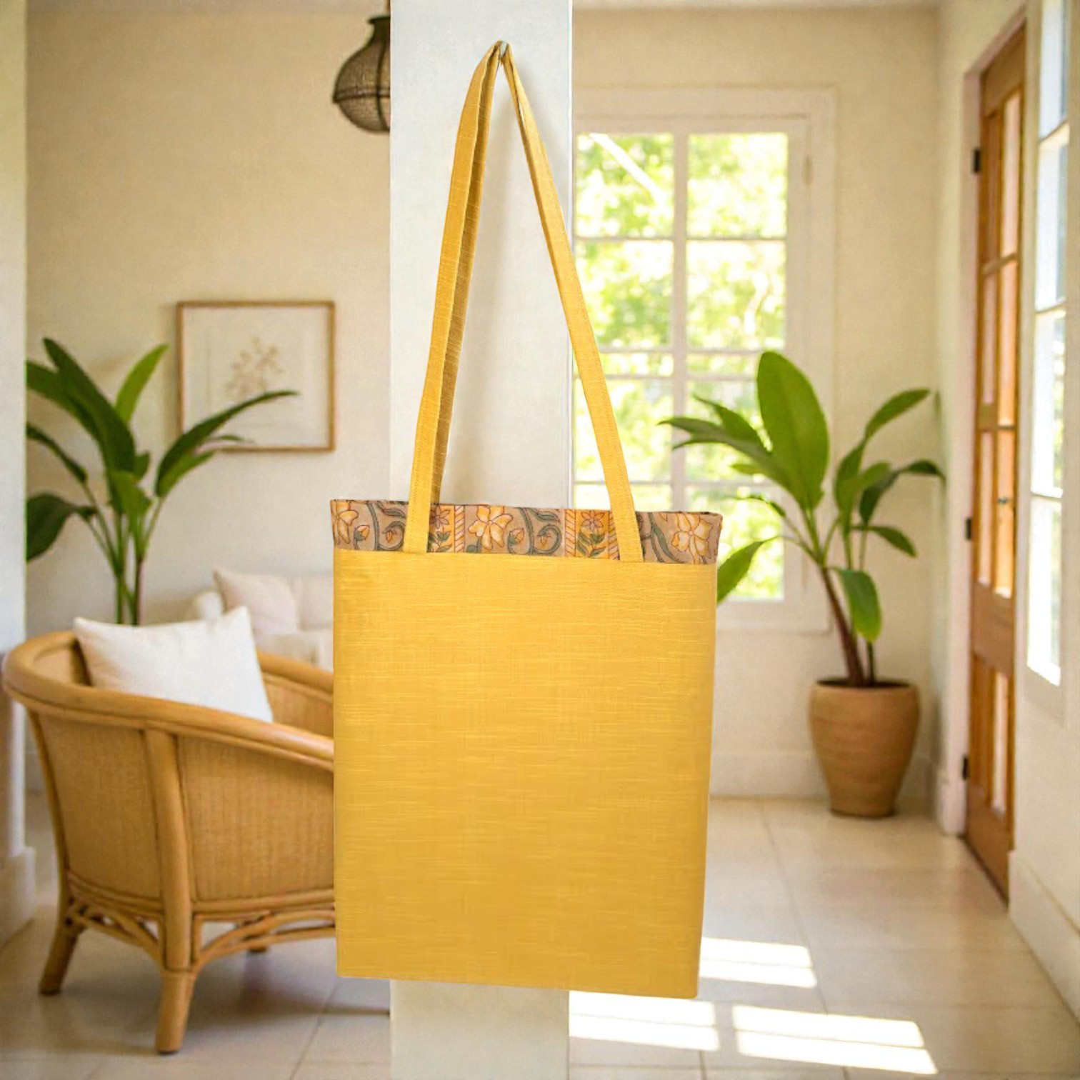 26| 裏地も魅せる和ジアン・コラボ袋｜A4対応｜会津木綿【からし】×インド綿ブロックプリント【黄花ストライプ】