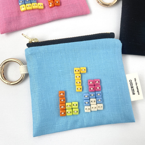 おもちゃみたいなパズルブロックのミニポーチ・カラビナ付き リネン