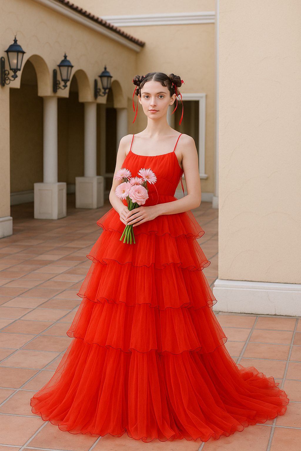 チェリーピンクティアードドレス　パイピングドレス   キャミソール　トレーン　二次会　結婚式　前撮り　舞台