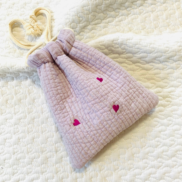 mini heart 選べる コップ袋　H20Ｗ17 巾着　入園入学　ヌビ　刺繍　オリジナル　ハート刺繍　巾着　給食袋 2枚目の画像