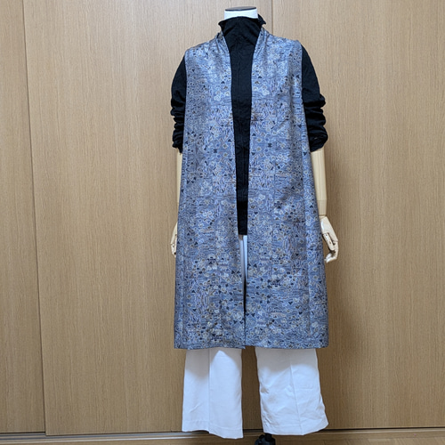 着物　リメイク　大島紬　カシュクール　ジレ　マキシ　ロング　ベスト 泥大島のロングカシュクールジレ Lサイズ フリーサイズ 着物