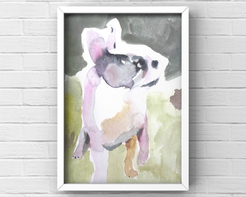 フレンチブルドッグ　犬の油彩画 表現主義 フレブル犬の絵】ヴィンテージ感あふれる背景でも魅せる油彩画作品