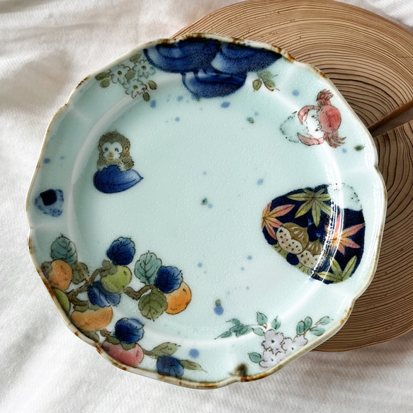 チコロット❤️取り皿❤️すべて手描き❤️染付け❤️普段使いに丁度いい❤️plate❤️童話❤️さるかに合戦❤️中皿 1枚目の画像