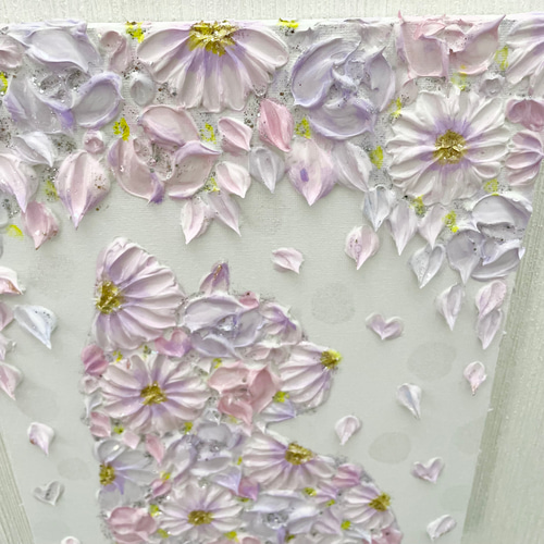 花盛りの猫」 27.3×22㎝ テクスチャーアート 花猫 猫好きギフト 絵画