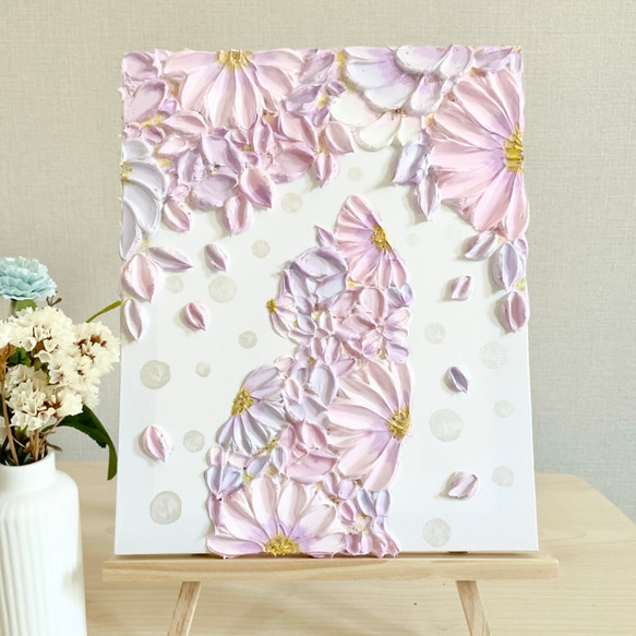 10%OFFセール中】「花盛りの猫」27.3×22㎝ テクスチャーアート 花猫 猫