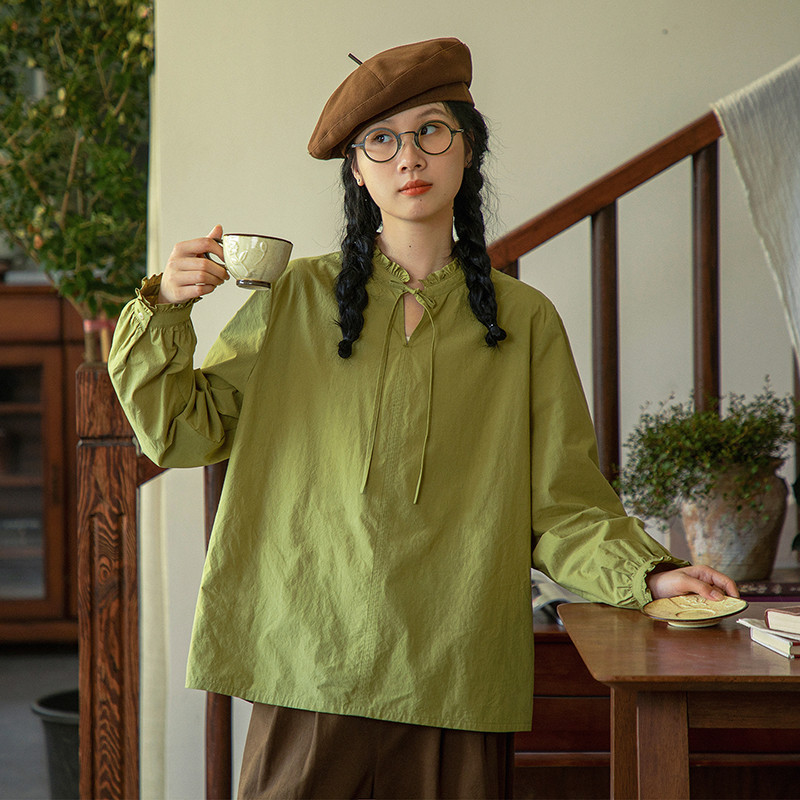 ギャザーレース襟長袖シャツ　100％コットン長袖シャツ　3色　S-Mサイズ　S536