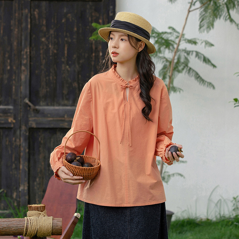 ギャザーレース襟長袖シャツ　100％コットン長袖シャツ　3色　S-Mサイズ　S536