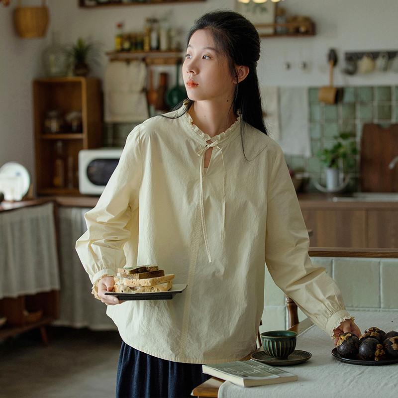 ギャザーレース襟長袖シャツ　100％コットン長袖シャツ　3色　S-Mサイズ　S536