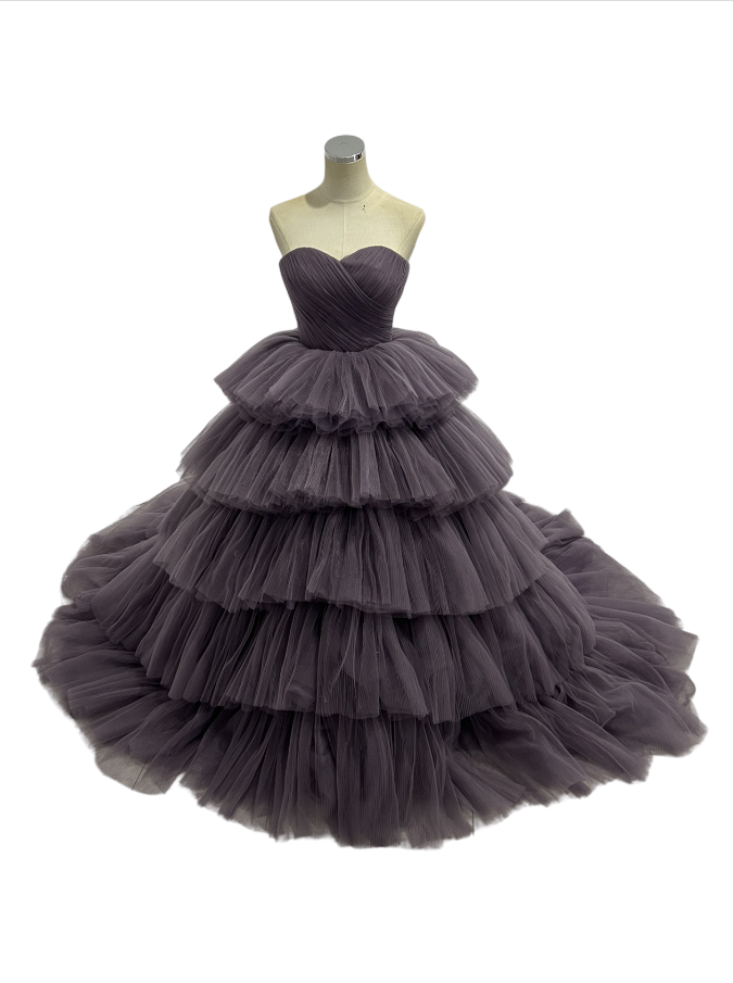 カラードレス パープル ビスチェタイプ ティアードのドレス プリーツドレス 花嫁/ウェディングドレス