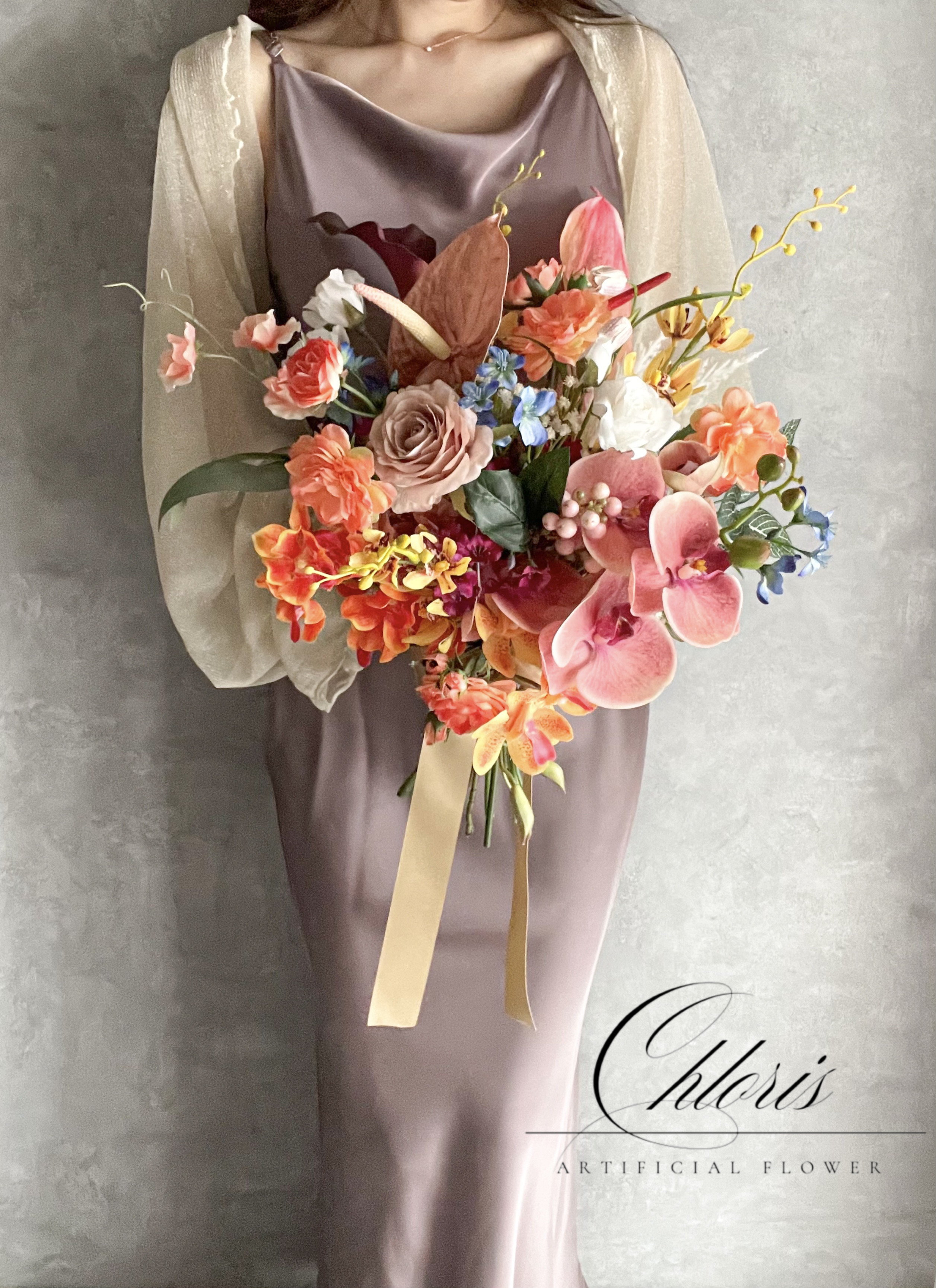 elegant colorfulブーケ　ウェディングブーケ／造花ブーケ／アーティフィシャルフラワー／胡蝶蘭ブーケ