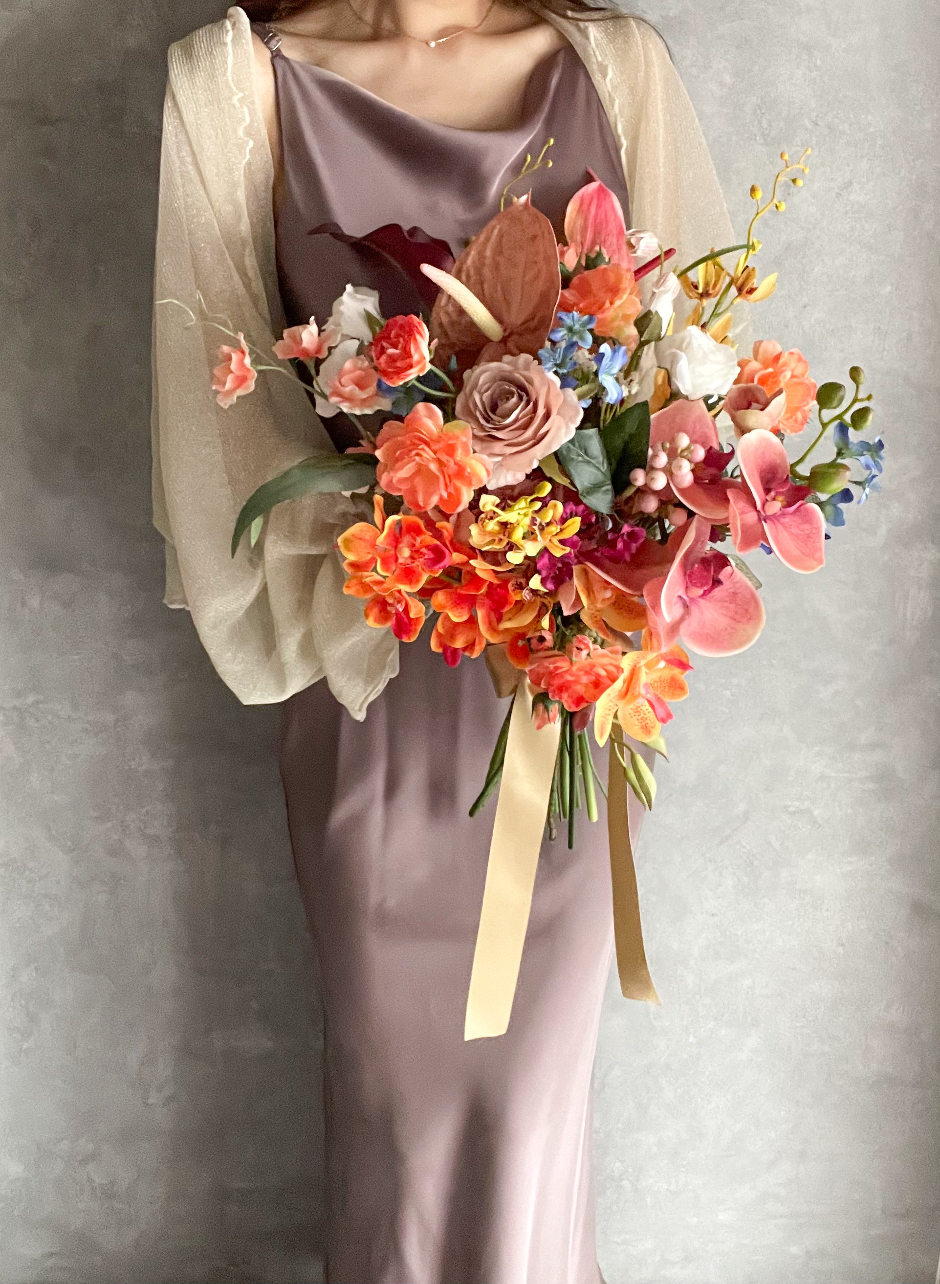elegant colorfulブーケ　ウェディングブーケ／造花ブーケ／アーティフィシャルフラワー／胡蝶蘭ブーケ