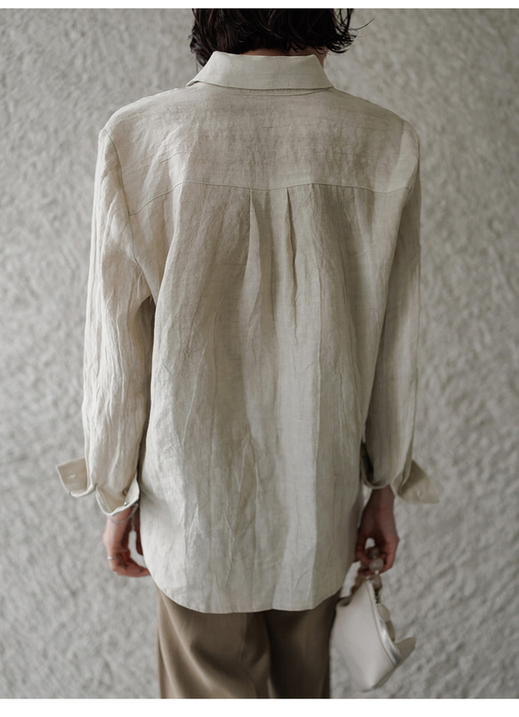 リネン100% ロングシャツ ウェーブ風テクスチャー 特殊揉み加工 ヴィンテージ風 秋の通勤 リラックスシルエット 4枚目の画像