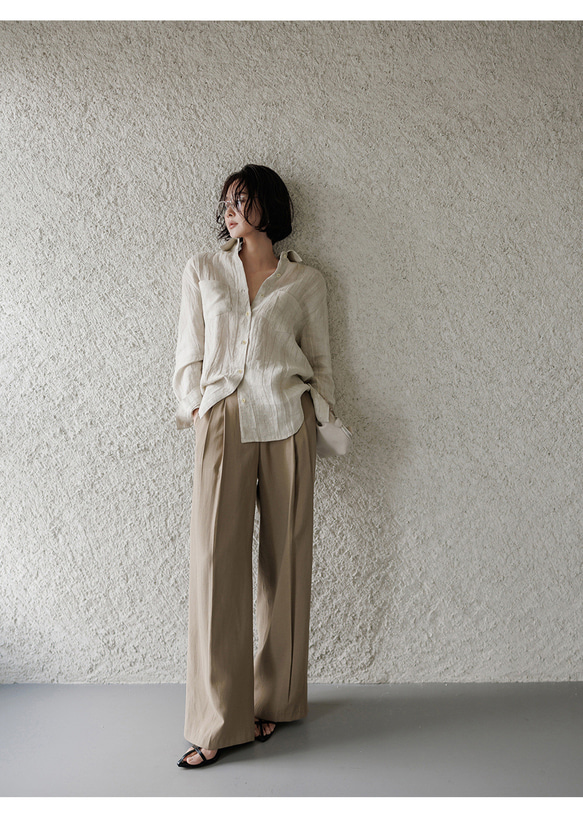 リネン100% ロングシャツ ウェーブ風テクスチャー 特殊揉み加工 ヴィンテージ風 秋の通勤 リラックスシルエット 6枚目の画像