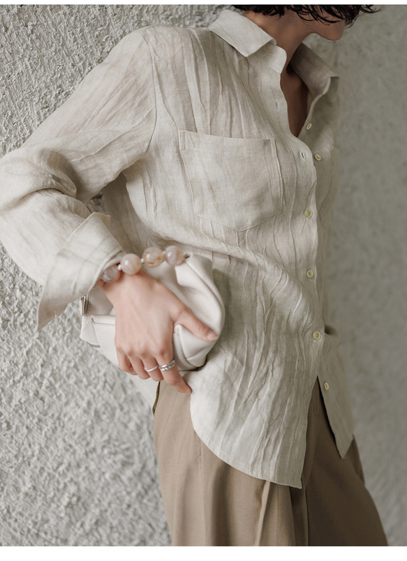 リネン100% ロングシャツ ウェーブ風テクスチャー 特殊揉み加工 ヴィンテージ風 秋の通勤 リラックスシルエット 3枚目の画像
