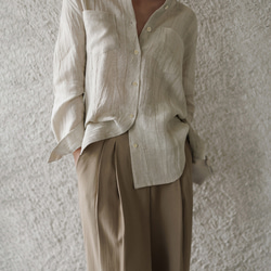 リネン100% ロングシャツ ウェーブ風テクスチャー 特殊揉み加工 ヴィンテージ風 秋の通勤 リラックスシルエット 2枚目の画像