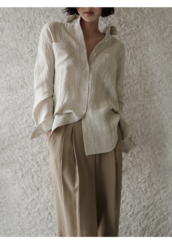 リネン100% ロングシャツ ウェーブ風テクスチャー 特殊揉み加工 ヴィンテージ風 秋の通勤 リラックスシルエット 2枚目の画像