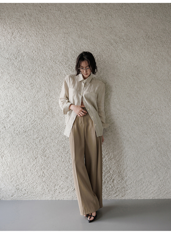 リネン100% ロングシャツ ウェーブ風テクスチャー 特殊揉み加工 ヴィンテージ風 秋の通勤 リラックスシルエット 7枚目の画像