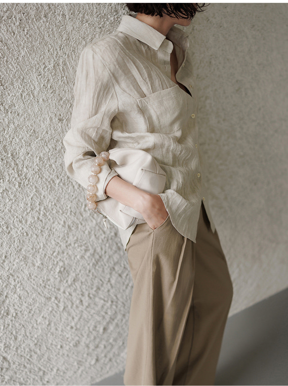 リネン100% ロングシャツ ウェーブ風テクスチャー 特殊揉み加工 ヴィンテージ風 秋の通勤 リラックスシルエット 10枚目の画像