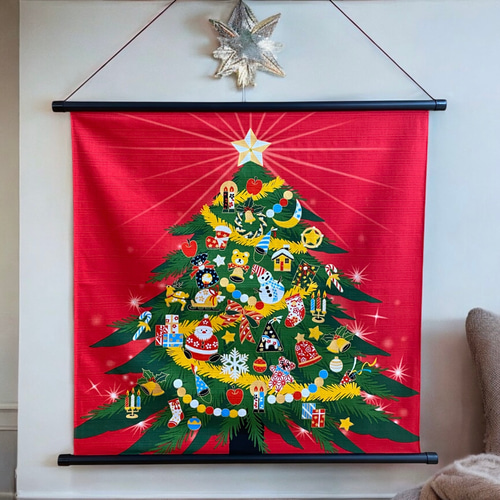 クリスマスタペストリー 赤 ツリー ラインストーン付 和柄 インテリア