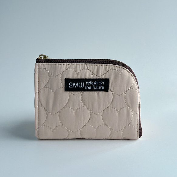 【数量限定】カスタマイズできるL字ファスナー財布／ベージュハートキルティング／スリム／大きく開く／大容量 2枚目の画像