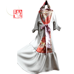 振袖　着物リメイク　ドレス　襟ふりふわ　紅葉や菊　和柄　ハンドメイド　ワンピース 刺繍豪華！ 振袖 着物リメイク ふりふわ襟ドレス 和柄ワンピース