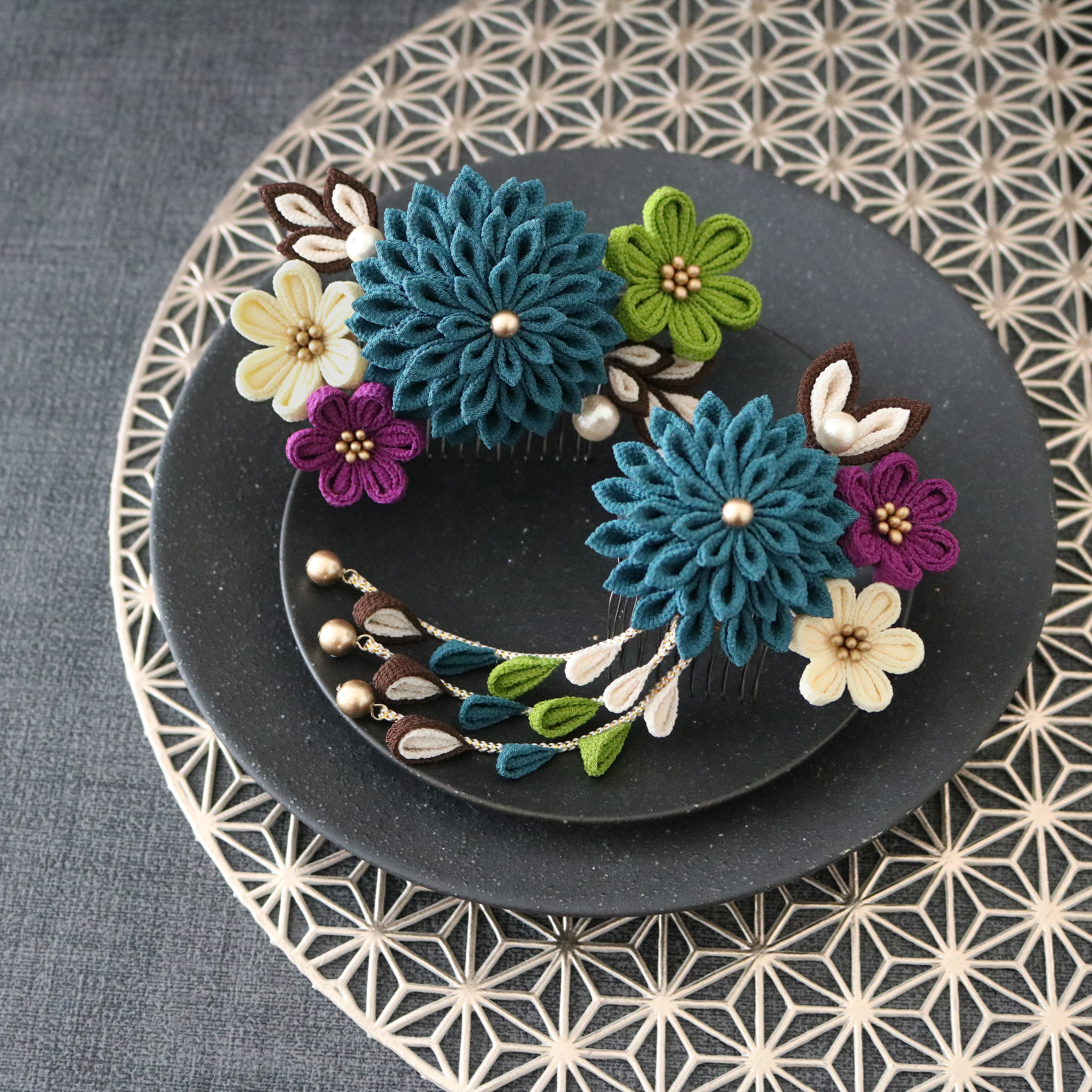 【青碧】シックな簪セット ✽つまみ細工　髪飾り　かんざし　成人式　卒業式　結婚式　浴衣　振袖　七五三　和装