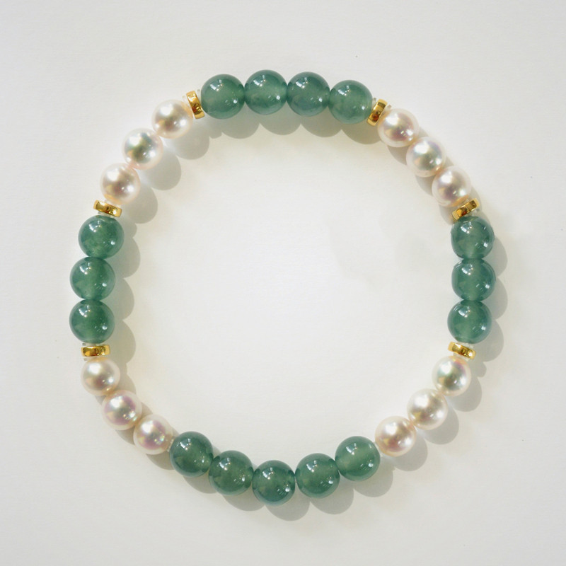 ルミナ スカイブルー 6.5mm 天然グレードA グアテマラ産翡翠 + 6-6.5mm 日本製アコヤ真珠ブレスレット