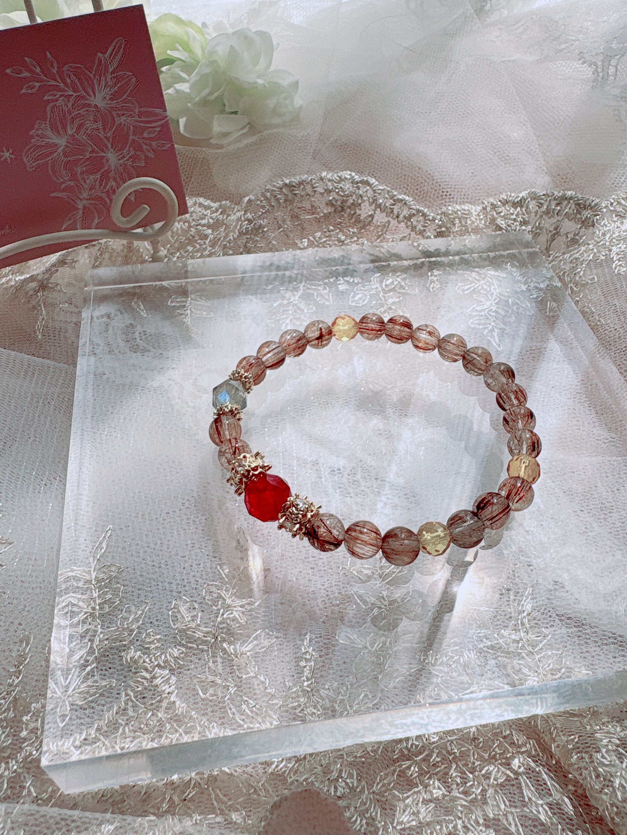 レッドアベンチュリン＆ラブラドライト＆ブラウンルチルクォーツ＆シトリン（5A） 天然石ブレスレット　デザブレ