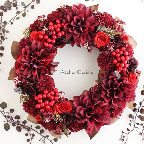 クリスマス】ダリア＆ベリー リース ワインレッド＜アーティフィシャル