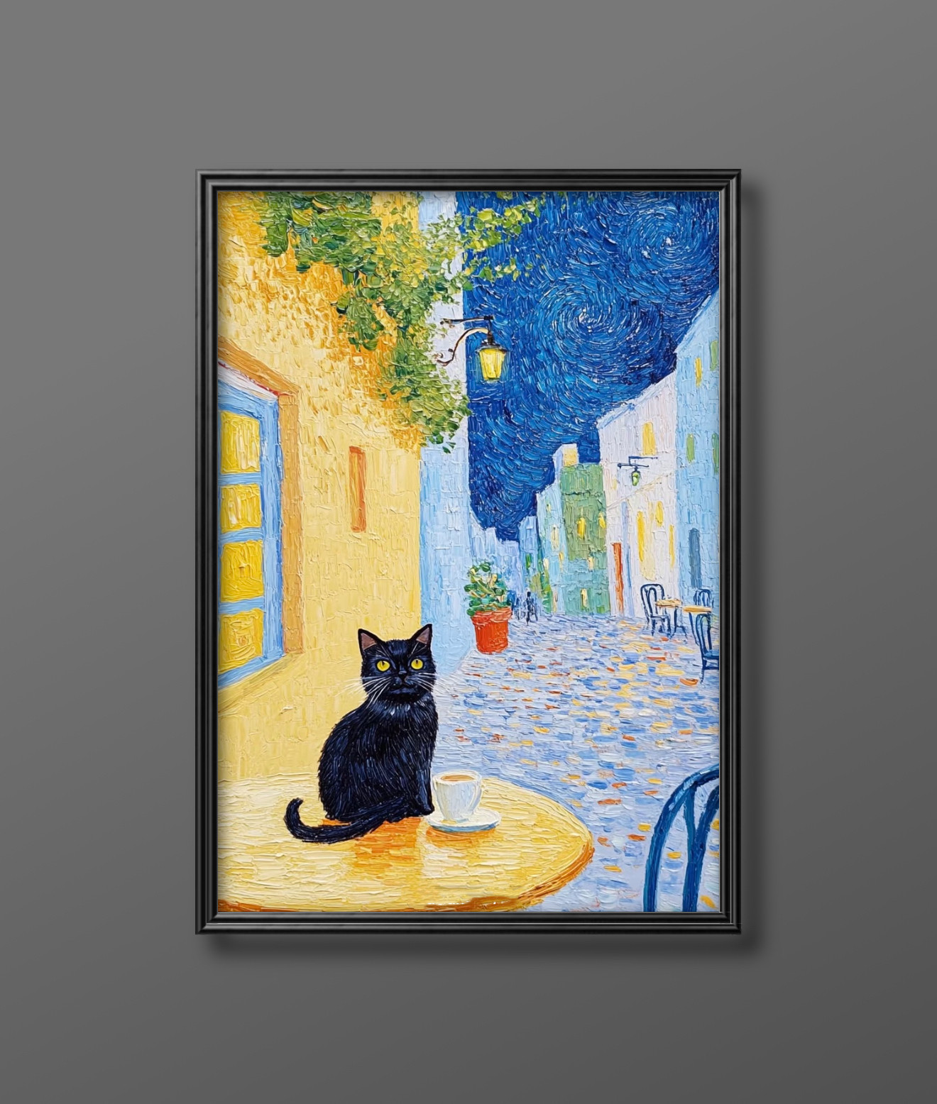 絵画 | イラストポスター 746☆ 【ヨーロッパの通りの黒猫と