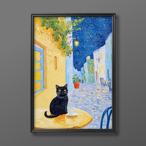 絵画 | イラストポスター 746☆ 【ヨーロッパの通りの黒猫とコーヒー