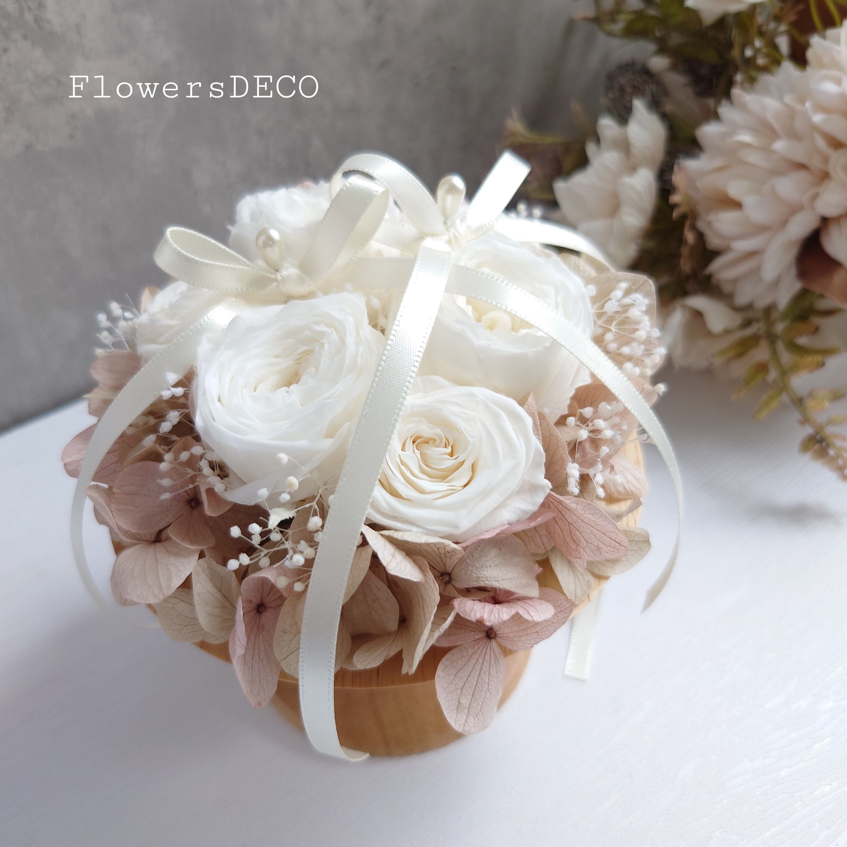 new!!アンティークローズと紫陽花のアレンジ　Pale Pink【Wood Base】結婚式・リングピロー 6,068円