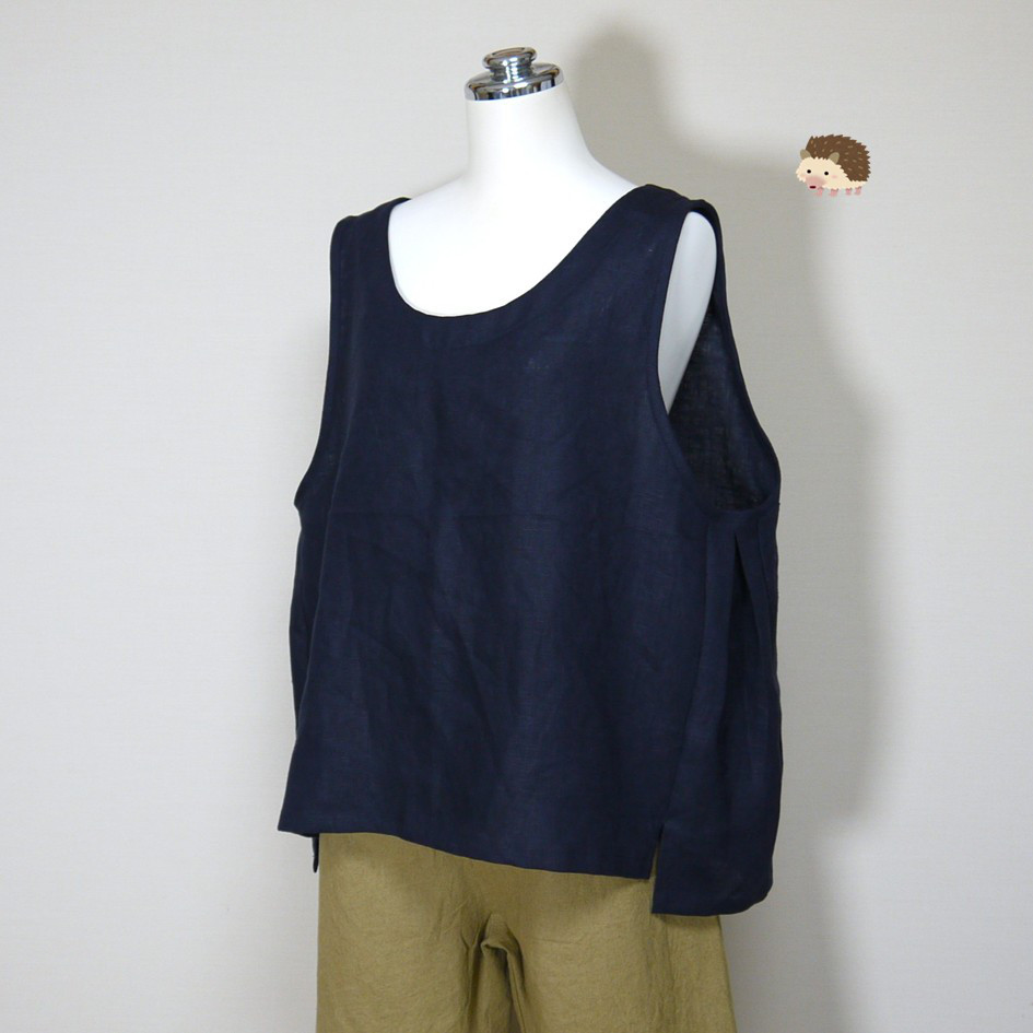 カラーリネン◆ワイドジレ◆ネイビー◆フリーサイズ（中厚、リネン100％）～ジレ・ベスト～ 5,192円