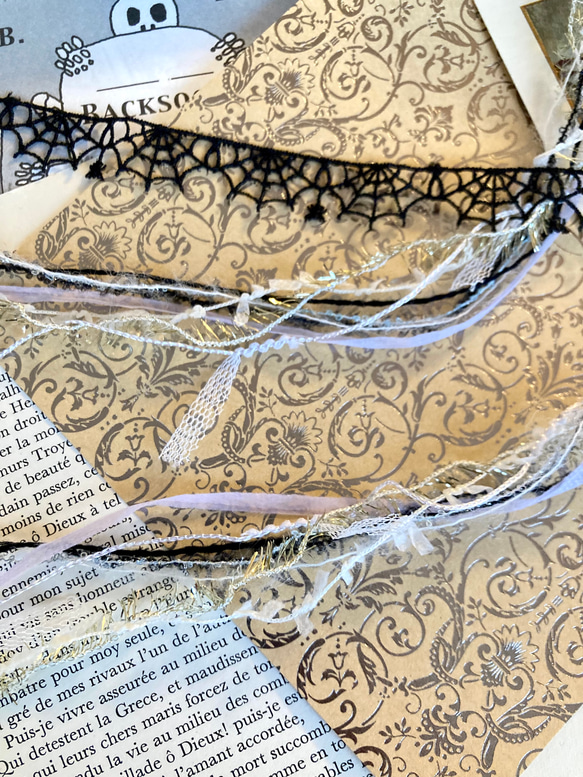 ⭐︎.。Itsy Bitsy Spider。ハロウィンカラーの引き揃え糸5m & 蜘蛛の糸レースリボン60cm セット 2枚目の画像