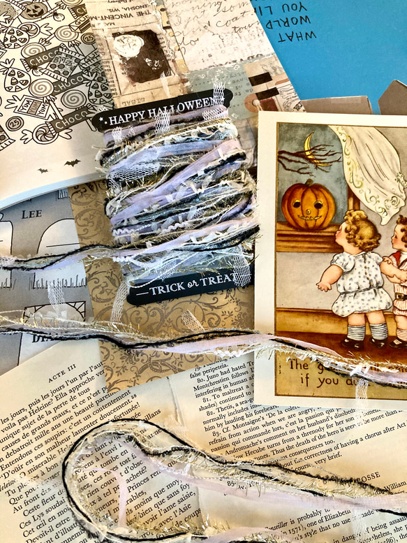 ⭐︎.。Itsy Bitsy Spider。ハロウィンカラーの引き揃え糸5m & 蜘蛛の糸レースリボン60cm セット 1枚目の画像