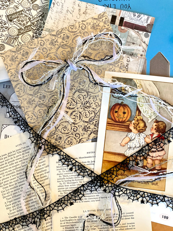 ⭐︎.。Itsy Bitsy Spider。ハロウィンカラーの引き揃え糸5m & 蜘蛛の糸レースリボン60cm セット 3枚目の画像