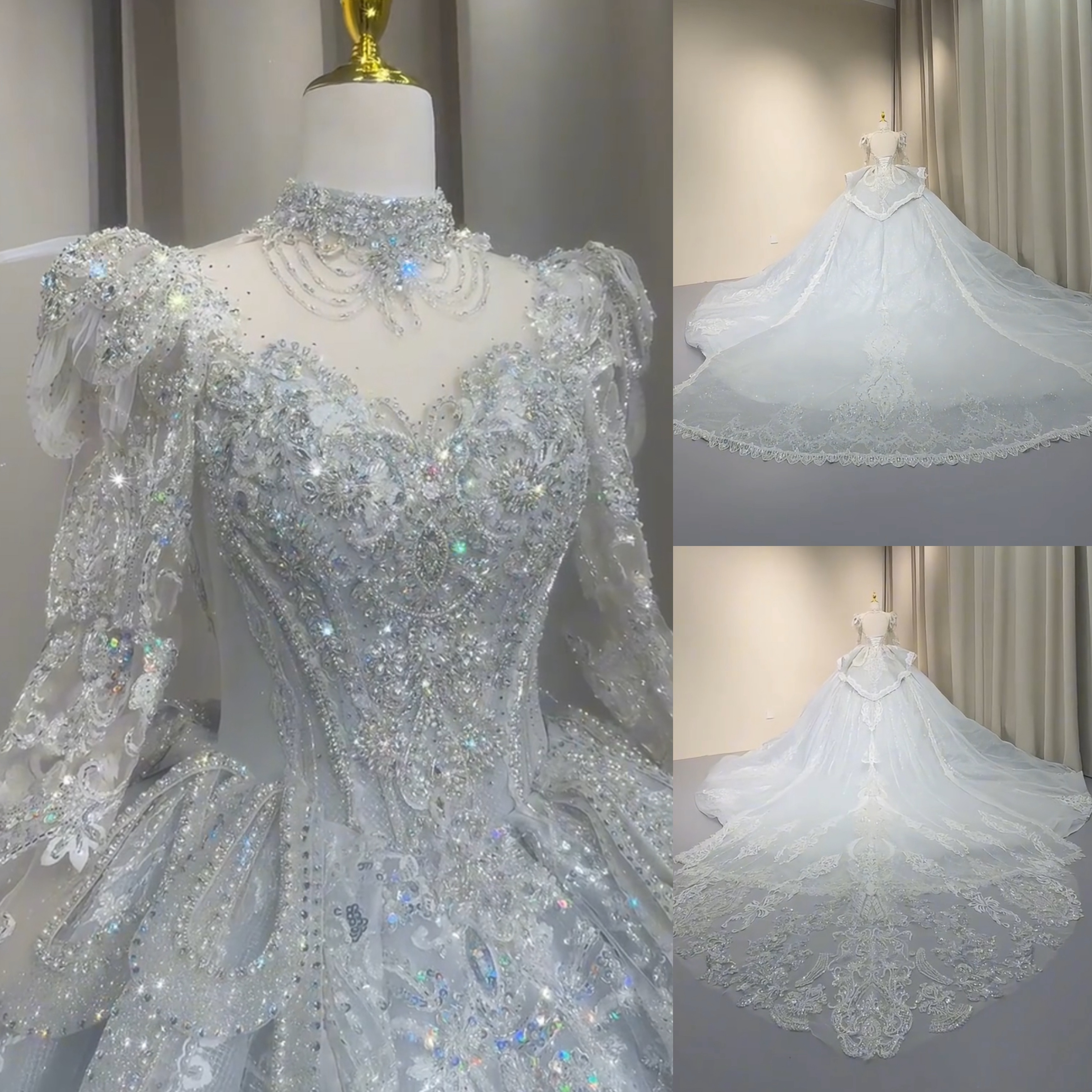 美しいバックレース　ブルーグレー　長袖　ロングトレーン　2026春婚冬婚　大人気ウェディングドレス目立つおしゃれ　結婚式