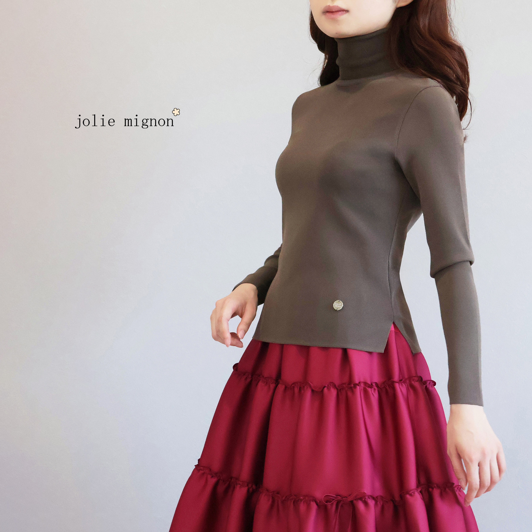 【ベーシックニット！】タートルネック ストレッチプルオーバー【トープ】