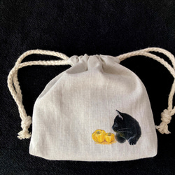ハロウィン⭐︎『黒猫とかぼちゃ』手描きコットンリネン巾着 ベージュ 3枚目の画像