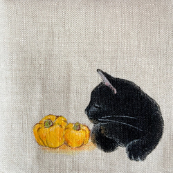 ハロウィン⭐︎『黒猫とかぼちゃ』手描きコットンリネン巾着 ベージュ 5枚目の画像