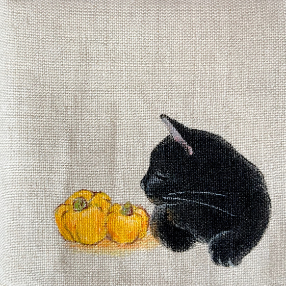 ハロウィン⭐︎『黒猫とかぼちゃ』手描きコットンリネン巾着 ベージュ 5枚目の画像