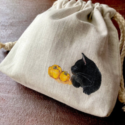 ハロウィン⭐︎『黒猫とかぼちゃ』手描きコットンリネン巾着 ベージュ 1枚目の画像