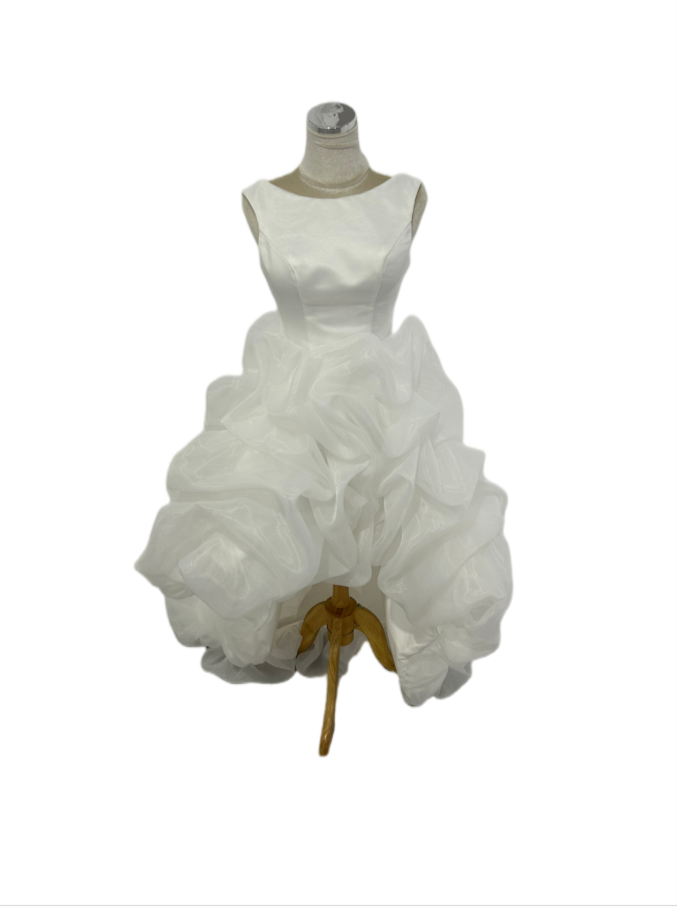 パーティードレス ノースリーブ 背中見せ フィッシュテール 上質オーガンジー オフホワイト 披露宴 前撮り