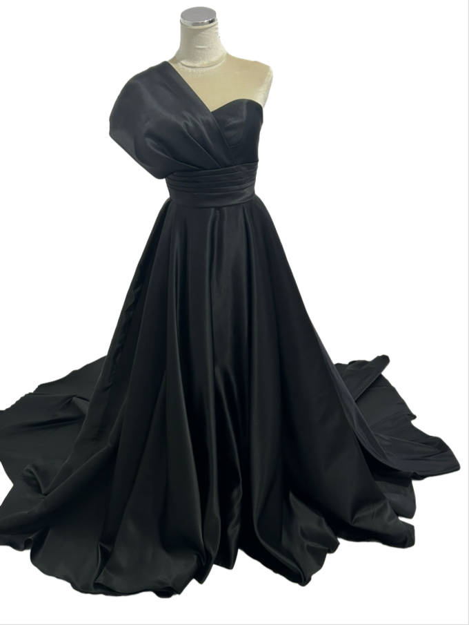 パーティードレス ブラック  ワンショルダー 光沢サテン 編み上げ 前撮り Aライン