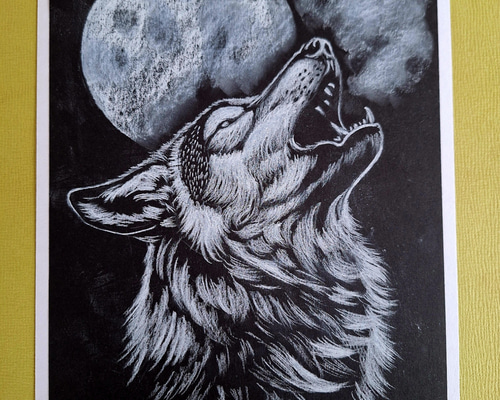 色鉛筆画 月夜のオオカミの遠吠え 絵画 makochin 通販 19836748