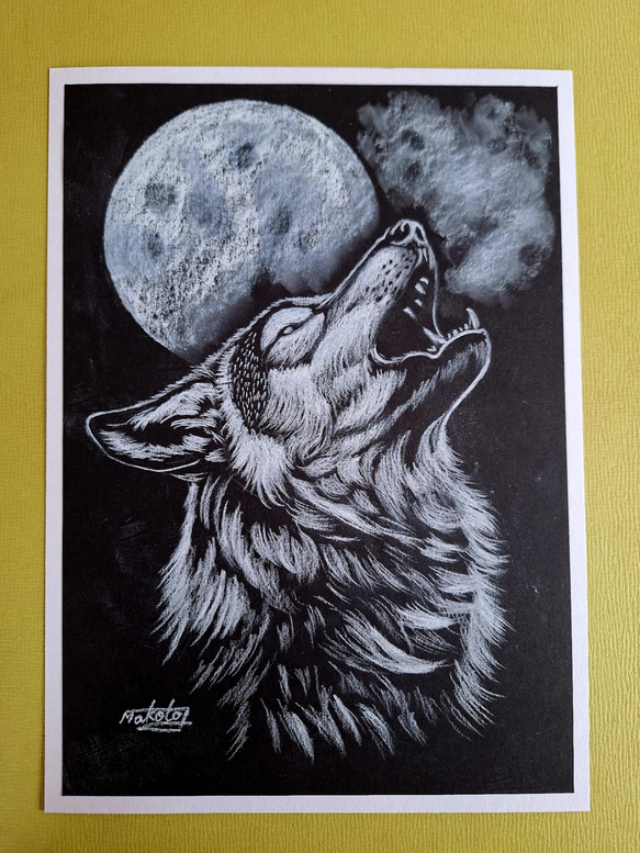 色鉛筆画 月夜のオオカミの遠吠え 絵画 makochin 通販 19836748