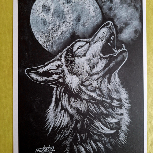 色鉛筆画 月夜のオオカミの遠吠え 絵画 makochin 通販 19836748